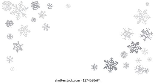 Christmas snowflakes frame or border. Winter silver snow background, minimal decoration on white, greeting card. New Year Holidays backdrop. Flake Vector illustration EPS 10