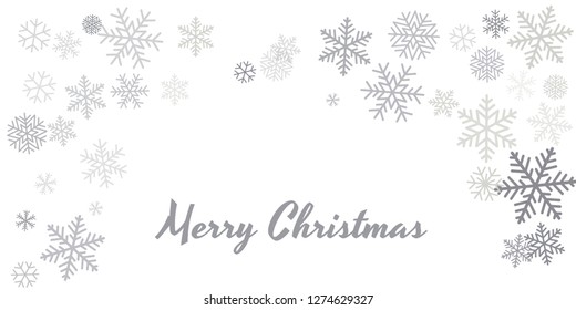 Christmas snowflakes frame or border. Winter silver snow background, minimal decoration on white, greeting card. New Year Holidays backdrop. Flake Vector illustration EPS 10