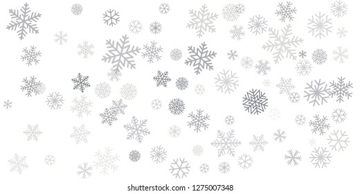 Christmas snowflakes frame or border. Winter silver snow background, minimal decoration on white, greeting card. New Year Holidays backdrop. Flake Vector illustration EPS 10