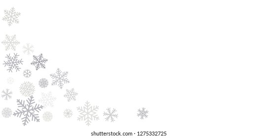 Christmas snowflakes frame or border. Winter silver snow background, minimal decoration on white, greeting card. New Year Holidays backdrop. Flake Vector illustration EPS 10