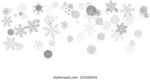 Fotocopos de nieve navideños marco o borde. Fondo de nieve de plata de invierno, decoración mínima en blanco, tarjeta de felicitación. Fondo de vacaciones de Año Nuevo. Ilustración del vector de laca EPS 10
