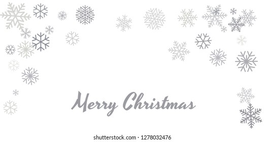 Christmas snowflakes frame or border. Winter silver snow background, minimal decoration on white, greeting card. New Year Holidays backdrop. Flake Vector illustration EPS 10