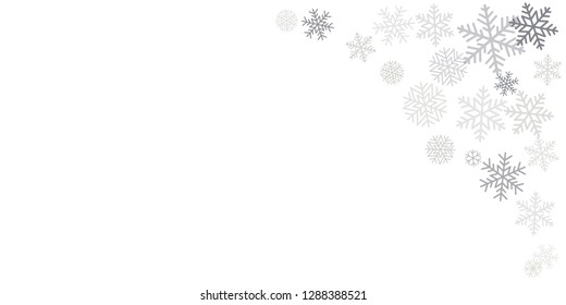 Christmas snowflakes frame or border. Winter silver snow background, minimal decoration on white, greeting card. New Year Holidays backdrop. Flake Vector illustration EPS 10