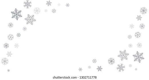 Christmas snowflakes frame or border. Winter silver snow background, minimal decoration on white, greeting card. New Year Holidays backdrop. Flake Vector illustration EPS 10