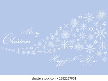 Christmas snowflakes frame or border. Winter silver snow background, minimal decoration on white, greeting card. New Year Holidays backdrop. Flake Vector illustration