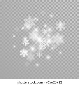 Christmas snowflakes glitter with sparkling light effect on white transparent background. Vector winter holiday snowfall sparkles of glittering confetti firework for New Year glowing festive design