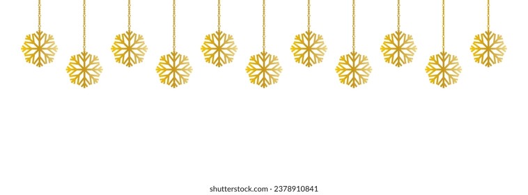 Christmas snowflakes golden line icon.Set of simple hanging golden christmas snowflake seamless border .Holiday christmas decoration. New Year seamless banner .Winter garland.