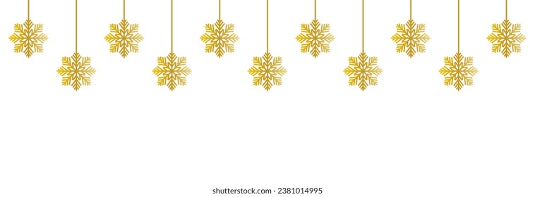 Christmas snowflakes golden line icon.Set of simple hanging golden christmas snowflake seamless border .Holiday christmas decoration. New Year seamless banner .Winter garland
