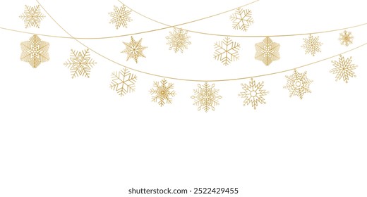 flocos de neve de Natal ícone de linha dourada. Conjunto de flocos de neve de Natal simples pendurado borda sem costura. Decoração de Natal de feriado. Ano Novo sem emenda banner .Winter garland.