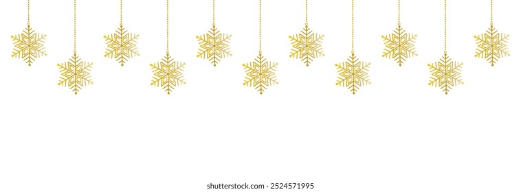 Christmas snowflakes golden line icon.Set of simple hanging golden christmas snowflake seamless border .Holiday christmas decoration. New Year seamless banner .Winter garland