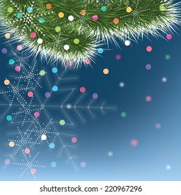 Christmas snowflakes and green fir tree on blue background. Vector illustration.