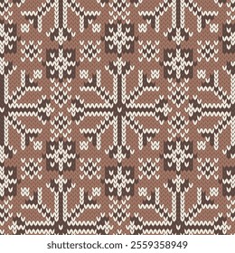 Christmas snowflakes  knitted seamless pattern. Mocha Mousse color 2025. Winter background for ugly sweater or any knit wear design, fair isle style. Vector illustration