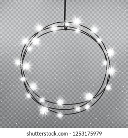 Christmas snowflakes light bulbs ring template on gray transparent background. Holiday lamps glows. Decoration glowing lights. New Year round circle garland shine