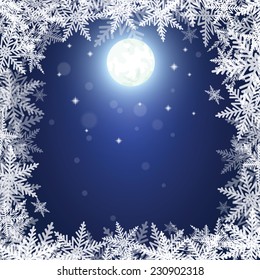 Christmas snowflakes and moon on dark blue background. Vector illustration. 