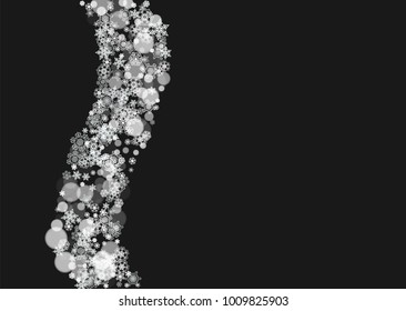 Christmas snowflakes on black background. New year. Horizontal Christmas snowflakes frame for holiday banners, cards, sales, special offers. Falling snow with bokeh and flakes for party celebration
