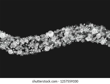 Christmas snowflakes on black background. New year. Horizontal Christmas snowflakes frame for holiday banners, cards, sales, special offers. Falling snow with bokeh and flakes for party celebration