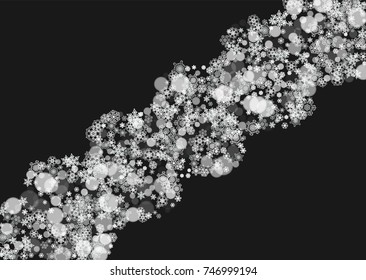 Christmas snowflakes on black background. New year. Horizontal Christmas snowflakes frame for holiday banners, cards, sales, special offers. Falling snow with bokeh and flakes for party celebration