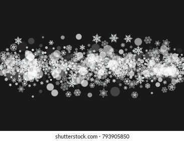 Christmas snowflakes on black background. New year. Horizontal Christmas snowflakes frame for holiday banners, cards, sales, special offers. Falling snow with bokeh and flakes for party celebration