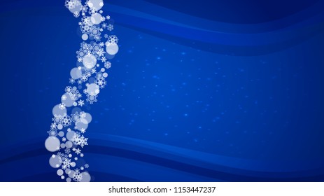 Christmas snowflakes on blue background with sparkles. Horizontal frame for winter banner, gift coupon, voucher, ads, party events with Christmas snowflakes. Falling snow for holiday celebration