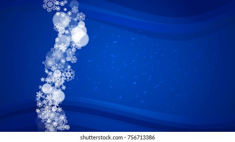 Christmas snowflakes on blue background with sparkles. Horizontal frame for winter banner, gift coupon, voucher, ads, party events with Christmas snowflakes. Falling snow for holiday celebration