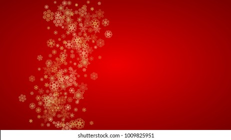 Christmas snowflakes on red background. Horizontal glitter frame for winter banner, gift coupon, voucher, ads, party event. Santa Claus color with golden Christmas snowflakes. Falling snow for holiday