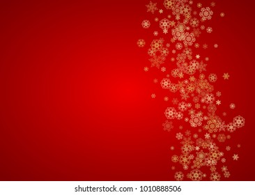Christmas snowflakes on red background. Horizontal glitter frame for winter banner, gift coupon, voucher, ads, party event. Santa Claus color with golden Christmas snowflakes. Falling snow for holiday