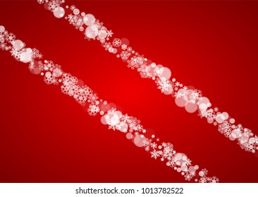 Christmas snowflakes on red background. Santa Claus colors. Horizontal frame for winter banner, gift coupon, voucher, ads, party events with Christmas snowflakes. Falling snow for holiday celebration