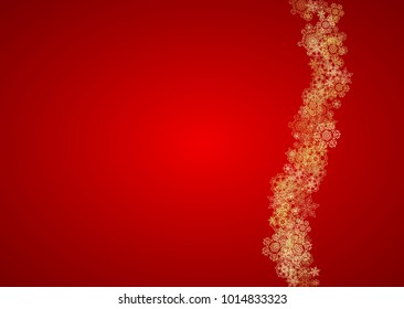Christmas snowflakes on red background. Horizontal glitter frame for winter banner, gift coupon, voucher, ads, party event. Santa Claus color with golden Christmas snowflakes. Falling snow for holiday