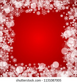 Christmas snowflakes on red background. Frame for seasonal winter banners, gift coupons, vouchers, ads, party events. Santa Claus colors with Christmas snowflakes. Falling snow for holiday celebration