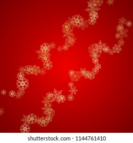 Christmas snowflakes on red background. Glitter frame for seasonal winter banners, gift coupon, voucher, ads, party event. Santa Claus colors with golden Christmas snowflakes. Falling snow for holiday