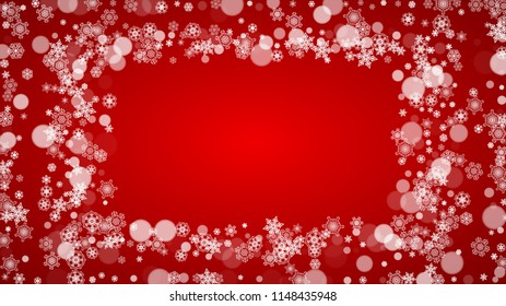 Christmas snowflakes on red background. Santa Claus colors. Horizontal Christmas snowflakes frame for holiday banners, cards, sales, special offers. Falling snow with bokeh for party celebration