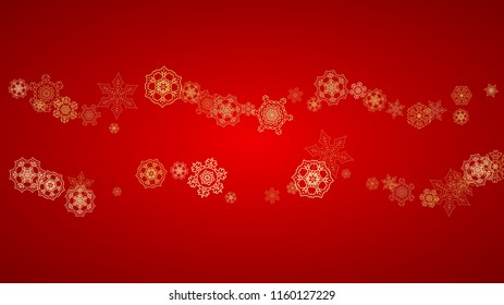 Christmas snowflakes on red background. Horizontal glitter frame for winter banner, gift coupon, voucher, ads, party event. Santa Claus color with golden Christmas snowflakes. Falling snow for holiday