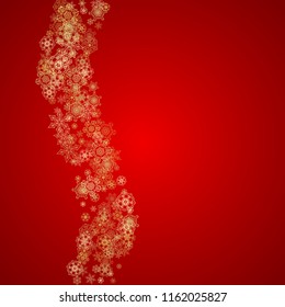 Christmas snowflakes on red background. Glitter frame for seasonal winter banners, gift coupon, voucher, ads, party event. Santa Claus colors with golden Christmas snowflakes. Falling snow for holiday