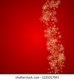 Christmas snowflakes on red background. Glitter frame for seasonal winter banners, gift coupon, voucher, ads, party event. Santa Claus colors with golden Christmas snowflakes. Falling snow for holiday
