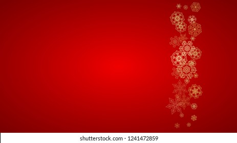 Christmas snowflakes on red background. Horizontal glitter frame for winter banner, gift coupon, voucher, ads, party event. Santa Claus color with golden Christmas snowflakes. Falling snow for holiday