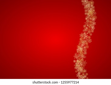 Christmas snowflakes on red background. Horizontal glitter frame for winter banner, gift coupon, voucher, ads, party event. Santa Claus color with golden Christmas snowflakes. Falling snow for holiday