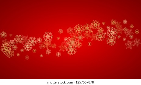 Christmas snowflakes on red background. Horizontal glitter frame for winter banner, gift coupon, voucher, ads, party event. Santa Claus color with golden Christmas snowflakes. Falling snow for holiday