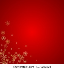 Christmas snowflakes on red background. Glitter frame for seasonal winter banners, gift coupon, voucher, ads, party event. Santa Claus colors with golden Christmas snowflakes. Falling snow for holiday