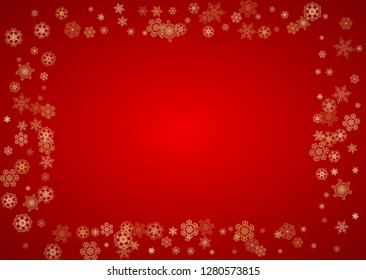 Christmas snowflakes on red background. Horizontal glitter frame for winter banner, gift coupon, voucher, ads, party event. Santa Claus color with golden Christmas snowflakes. Falling snow for holiday