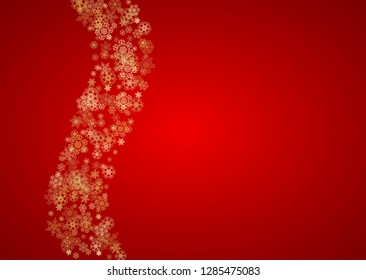Christmas snowflakes on red background. Horizontal glitter frame for winter banner, gift coupon, voucher, ads, party event. Santa Claus color with golden Christmas snowflakes. Falling snow for holiday