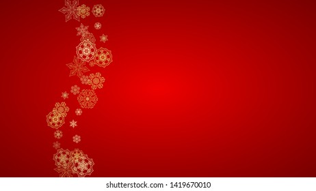 Christmas snowflakes on red background. Horizontal glitter frame for winter banner, gift coupon, voucher, ads, party event. Santa Claus color with golden Christmas snowflakes. Falling snow for holiday