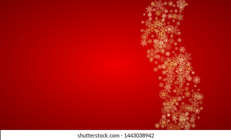 Christmas snowflakes on red background. Horizontal glitter frame for winter banner, gift coupon, voucher, ads, party event. Santa Claus color with golden Christmas snowflakes. Falling snow for holiday