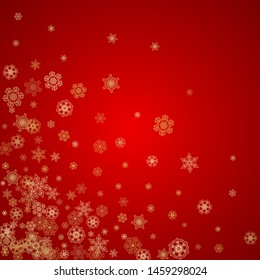 Christmas snowflakes on red background. Glitter frame for seasonal winter banners, gift coupon, voucher, ads, party event. Santa Claus colors with golden Christmas snowflakes. Falling snow for holiday