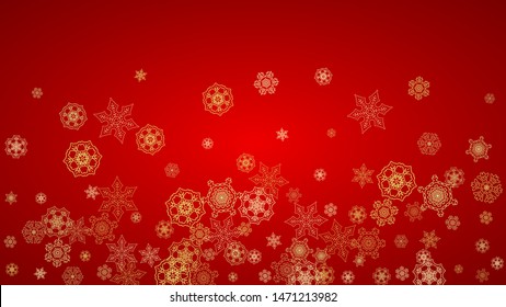 Christmas snowflakes on red background. Horizontal glitter frame for winter banner, gift coupon, voucher, ads, party event. Santa Claus color with golden Christmas snowflakes. Falling snow for holiday