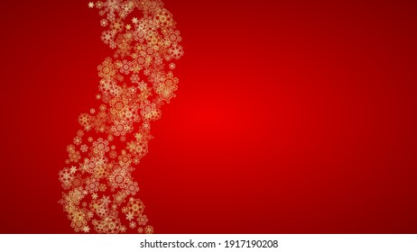 Christmas snowflakes on red background. Horizontal glitter frame for winter banner, gift coupon, voucher, ads, party event. Santa Claus color with golden Christmas snowflakes. Falling snow for holiday