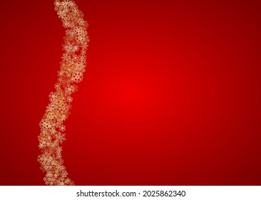 Christmas snowflakes on red background. Horizontal glitter frame for winter banner, gift coupon, voucher, ads, party event. Santa Claus color with golden Christmas snowflakes. Falling snow for holiday