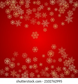 Christmas snowflakes on red background. Glitter frame for seasonal winter banners, gift coupon, voucher, ads, party event. Santa Claus colors with golden Christmas snowflakes. Falling snow for holiday