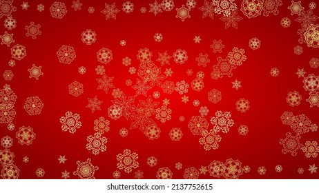 Christmas snowflakes on red background. Horizontal glitter frame for winter banner, gift coupon, voucher, ads, party event. Santa Claus color with golden Christmas snowflakes. Falling snow for holiday