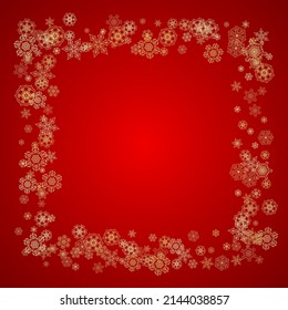Christmas snowflakes on red background. Glitter frame for seasonal winter banners, gift coupon, voucher, ads, party event. Santa Claus colors with golden Christmas snowflakes. Falling snow for holiday