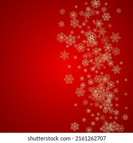 Christmas snowflakes on red background. Glitter frame for seasonal winter banners, gift coupon, voucher, ads, party event. Santa Claus colors with golden Christmas snowflakes. Falling snow for holiday